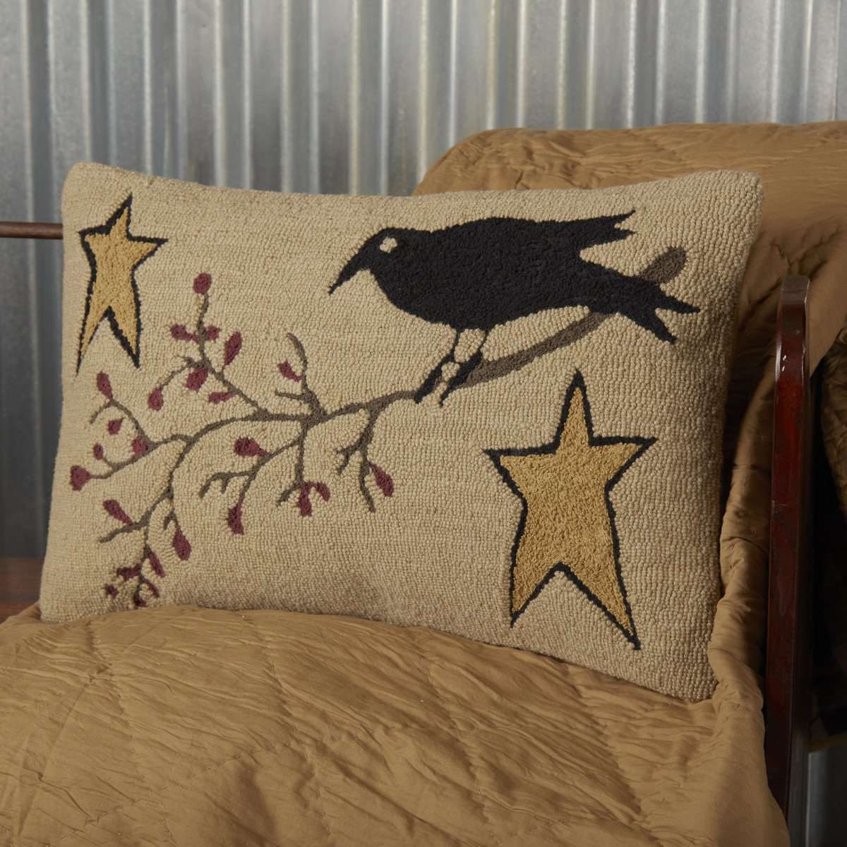 Kettle Grove Crow and Star Hooked Pillow 14"x22" - The Fox Decor