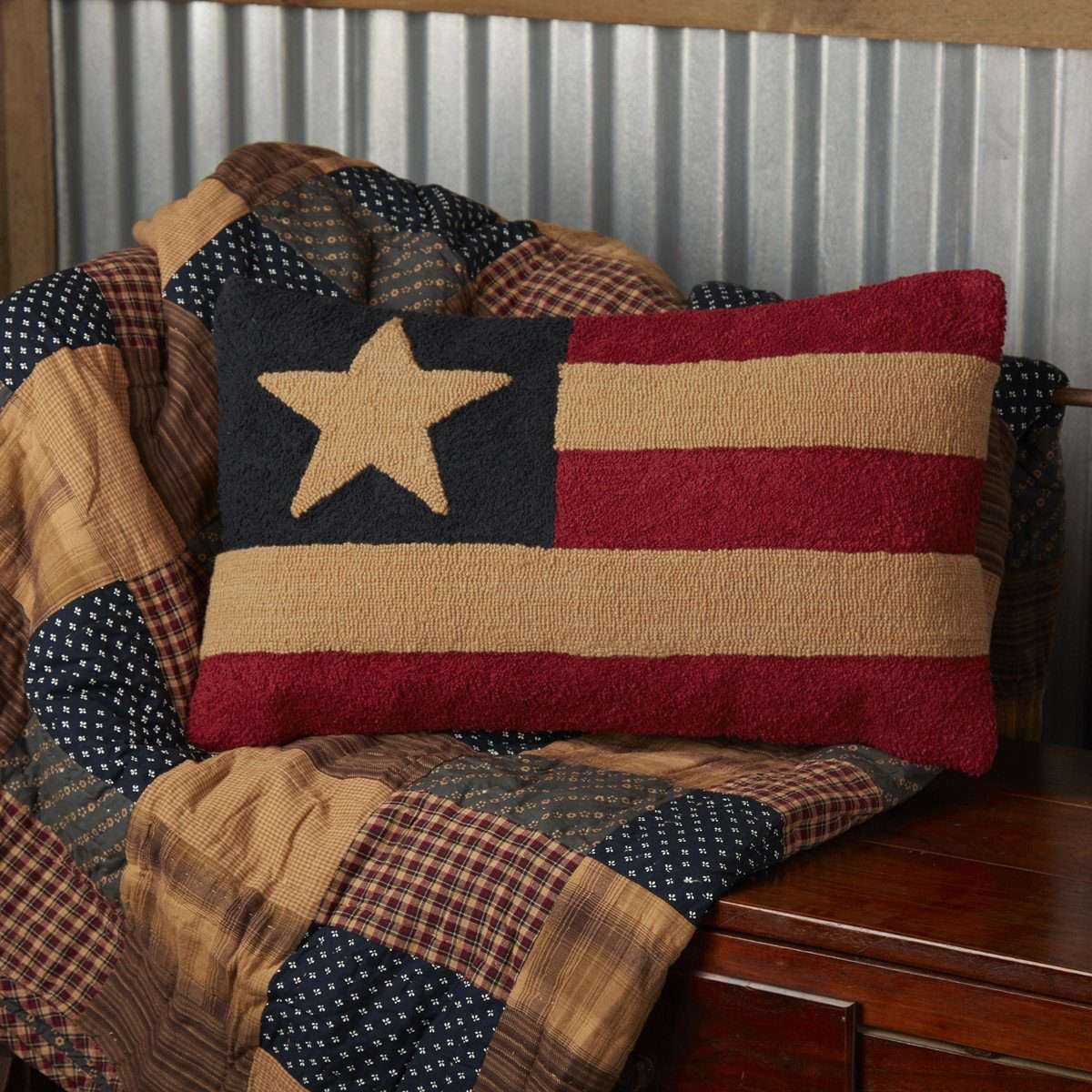 Patriotic Patch Flag Hooked Pillow 14"x22" - The Fox Decor