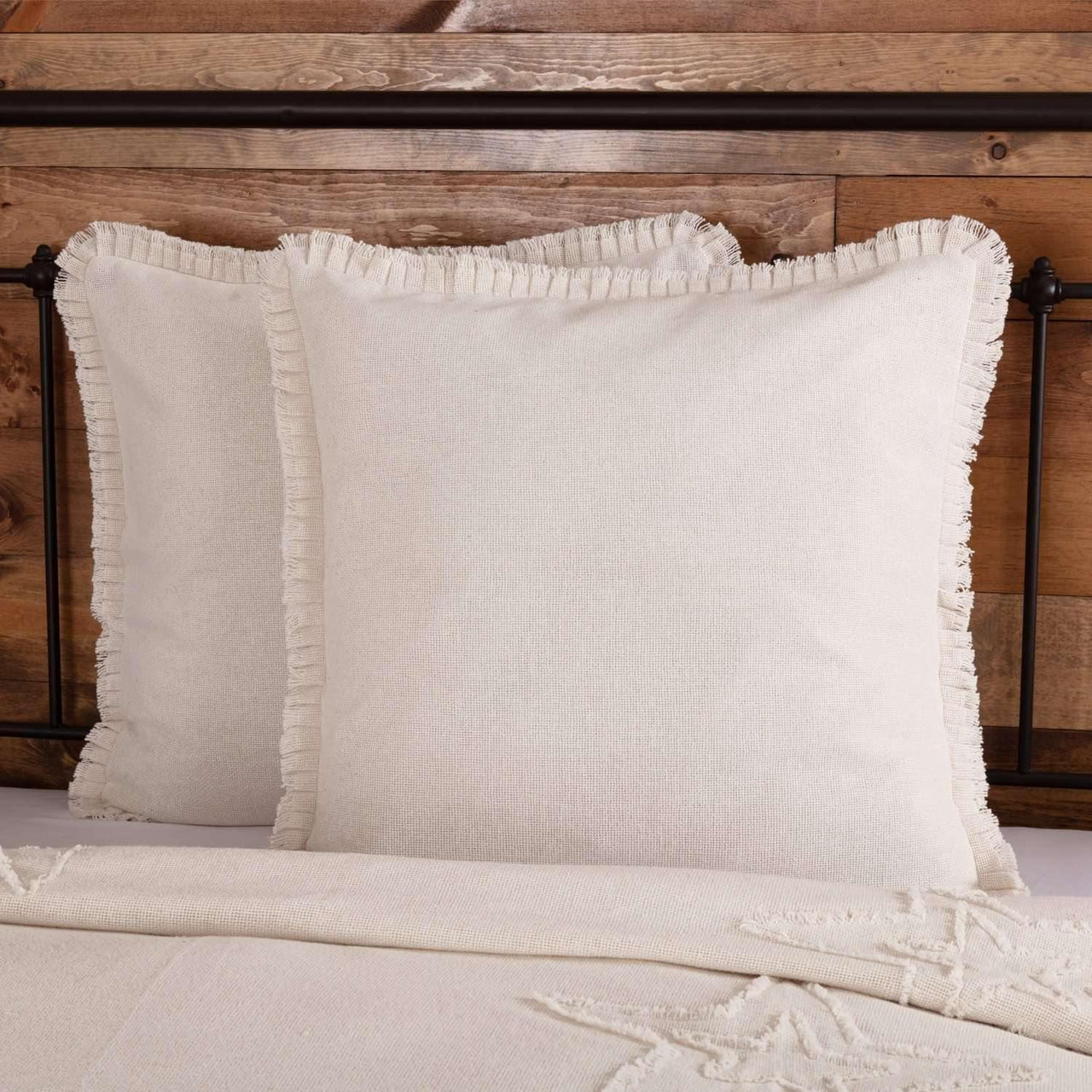 Burlap Antique White Fabric Euro Sham w/ Fringed Ruffle Set of 2