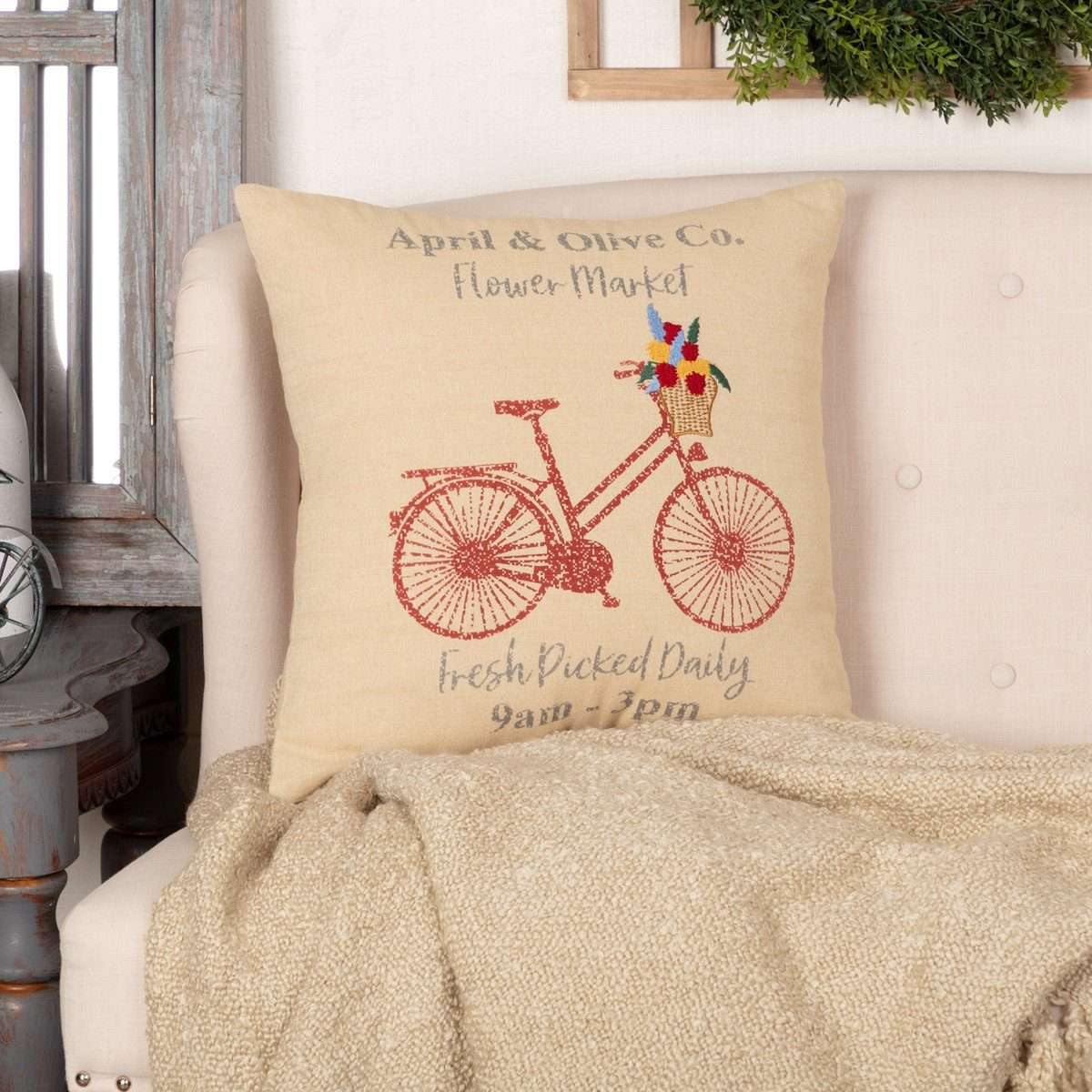 Farmer's Market Flower Market Pillow 18x18 barn red bicycle VHC Brands