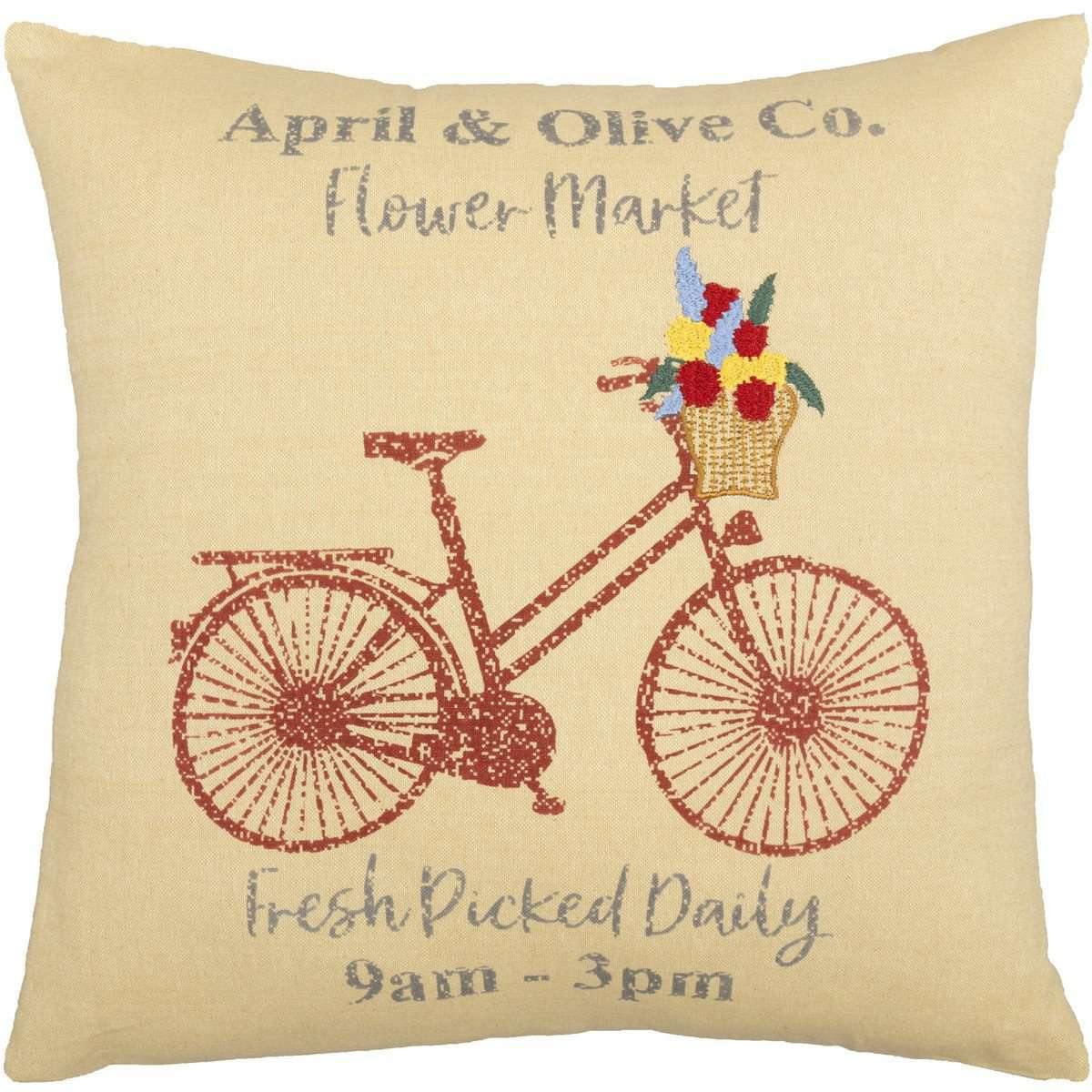 Farmer's Market Flower Market Pillow 18x18 barn red bicycle VHC Brands front