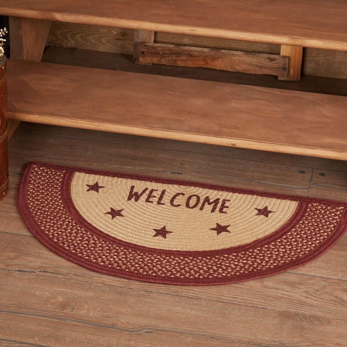 Burgundy Red Primitive Jute Braided Rug Half Circle Stencil Stars Welcome VHC Brands - The Fox Decor