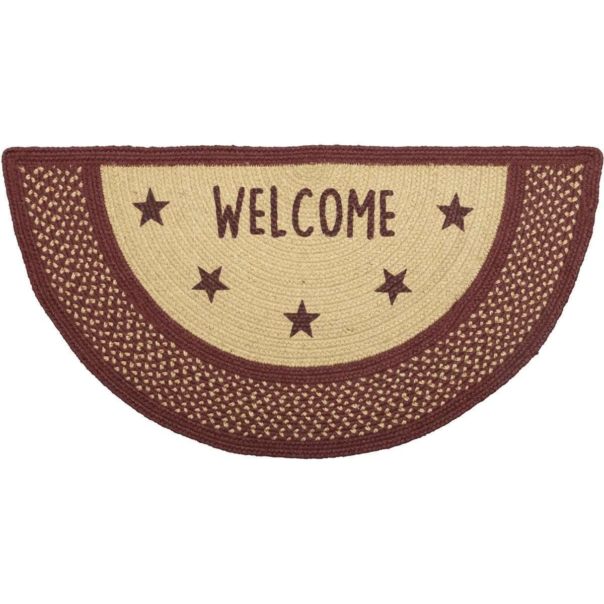 Burgundy Red Primitive Jute Braided Rug Half Circle Stencil Stars Welcome VHC Brands - The Fox Decor