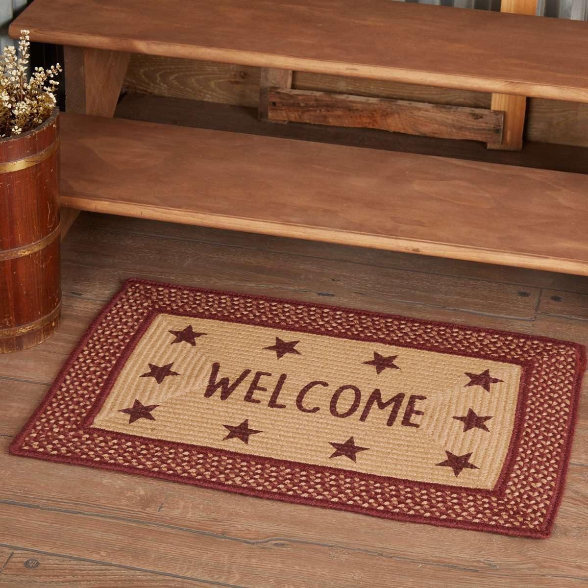 Burgundy Red Primitive Jute Braided Rug Rect Stencil Stars Welcome 20"x30" VHC Brands - The Fox Decor