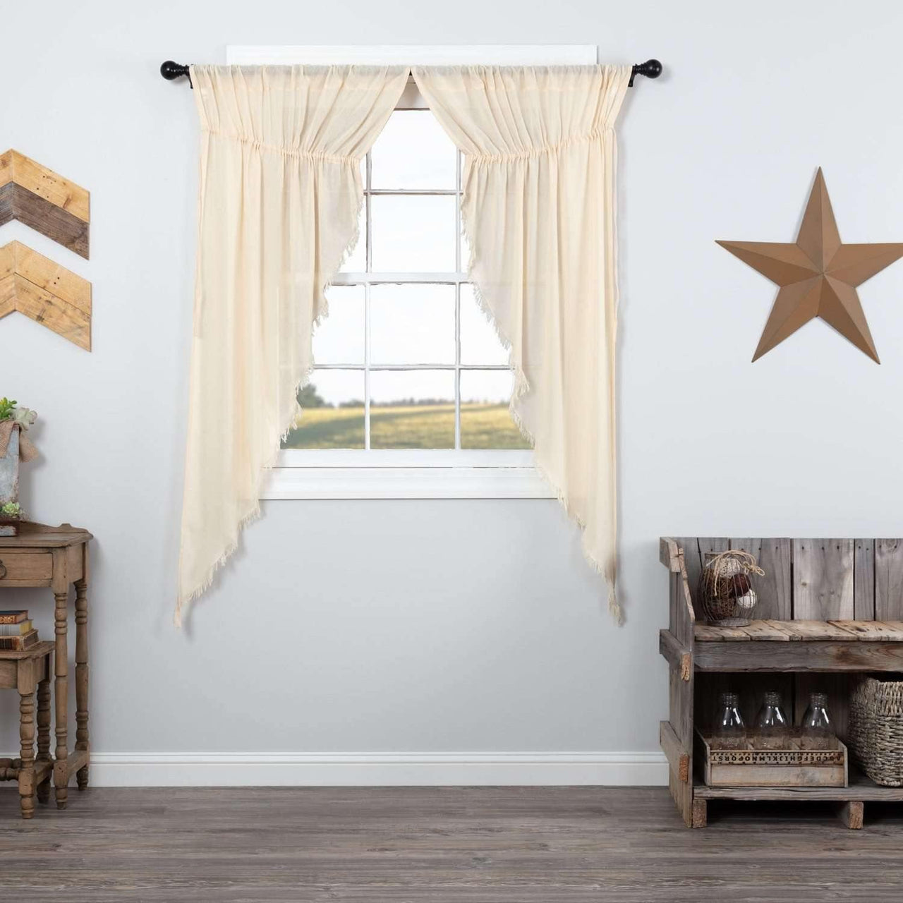 Tobacco Cloth Natural Prairie Short Panel Curtain Fringed Set of 2 63x36x18 VHC Brands - The Fox Decor