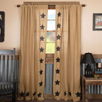 Thumbnail for Burlap w/Black Stencil Stars Panel Country Curtain Set of 2 84