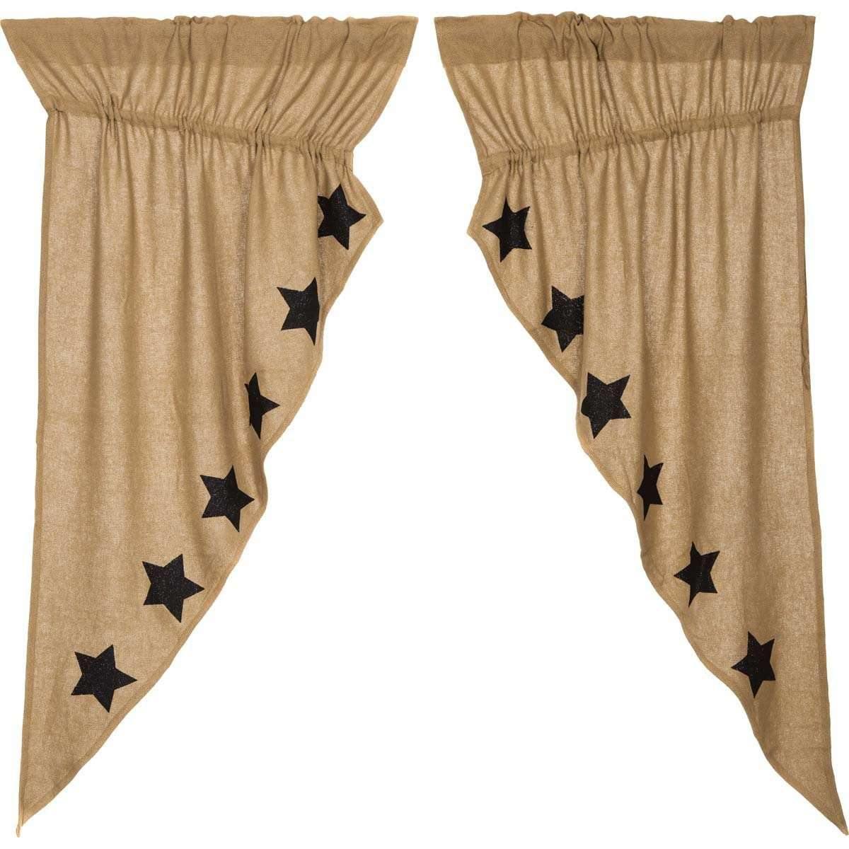 Burlap w/Black Stencil Stars Prairie Short Panel Curtain Set of 2 63x36x18 - The Fox Decor