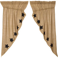 Thumbnail for Burlap w/Black Stencil Stars Prairie Short Panel Curtain Set of 2 63x36x18 - The Fox Decor