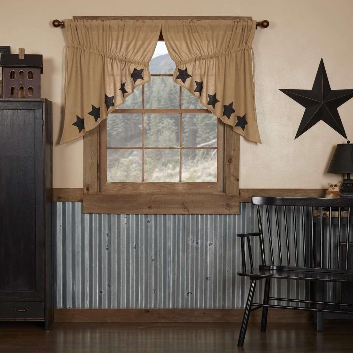 Burlap w/Black Stencil Stars Prairie Swag Curtain Set of 2 36x36x18 VHC Brands - The Fox Decor