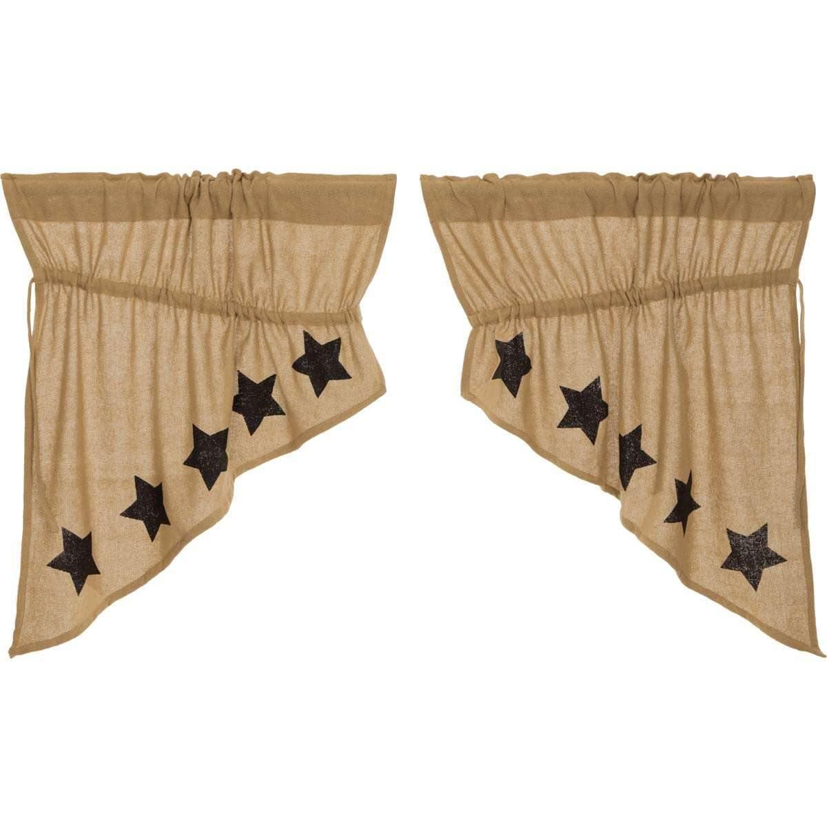 Burlap w/Black Stencil Stars Prairie Swag Curtain Set of 2 36x36x18 VHC Brands - The Fox Decor