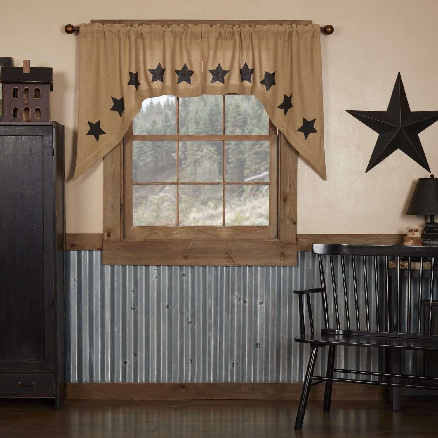 Burlap w/Black Stencil Stars Swag Curtain Set of 2 36x36x16 - The Fox Decor