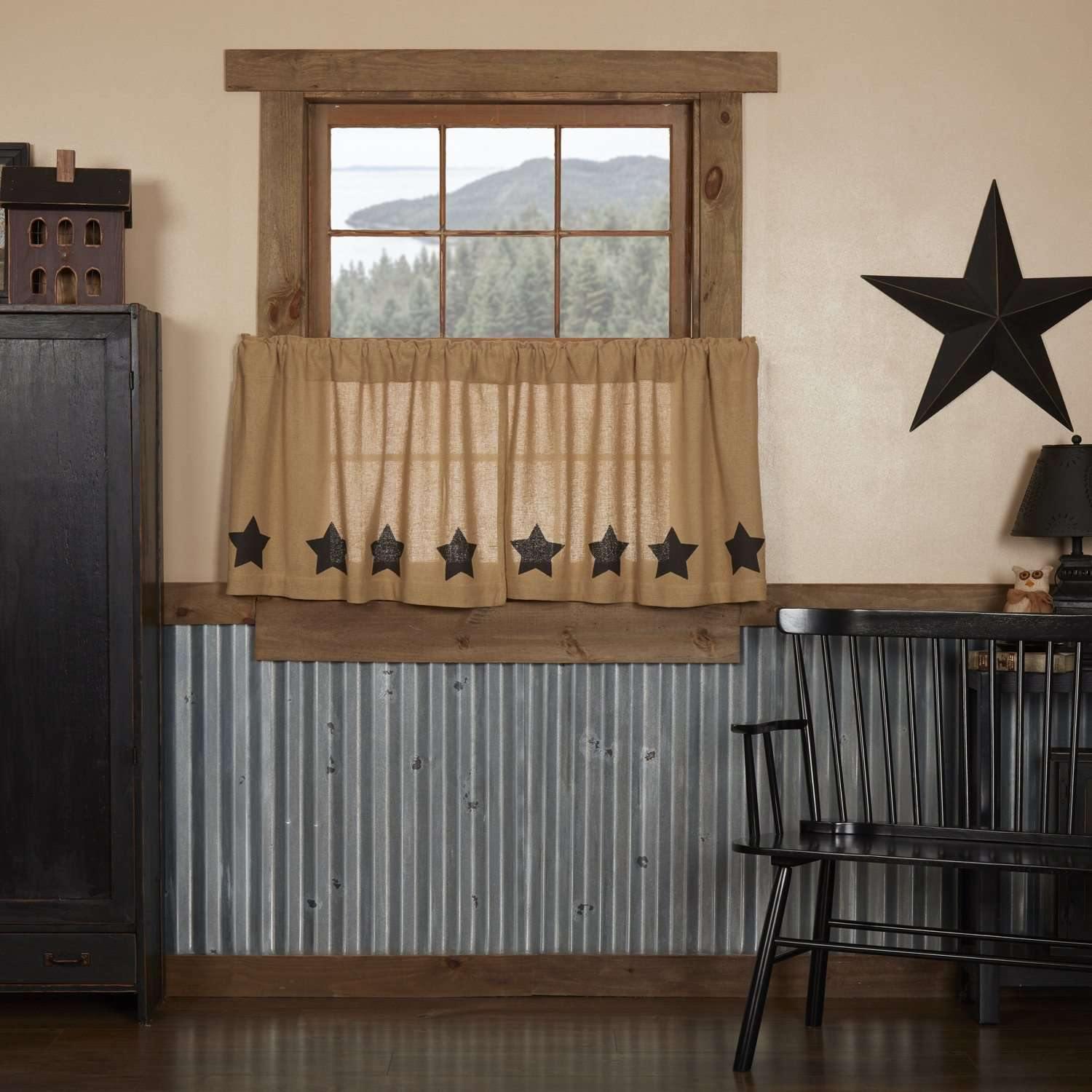 Burlap w/Black Stencil Stars Tier Curtain Set of 2 L24xW36 - The Fox Decor