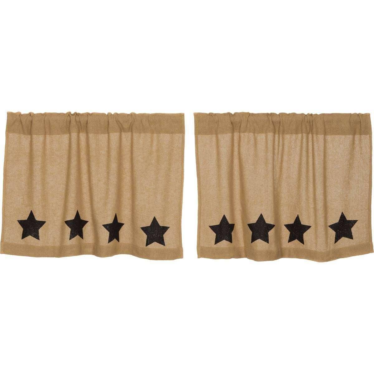 Burlap w/Black Stencil Stars Tier Curtain Set of 2 L24xW36 - The Fox Decor
