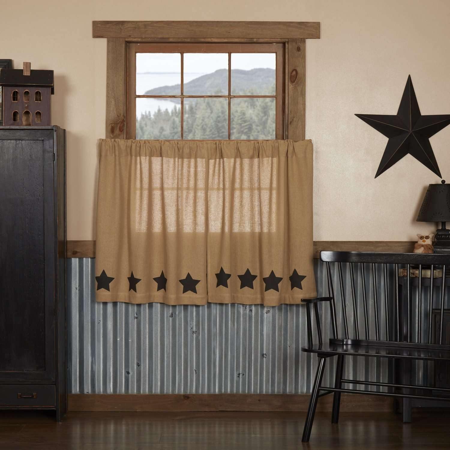 Burlap w/Black Stencil Stars Tier Curtain Set of 2 L36xW36 - The Fox Decor
