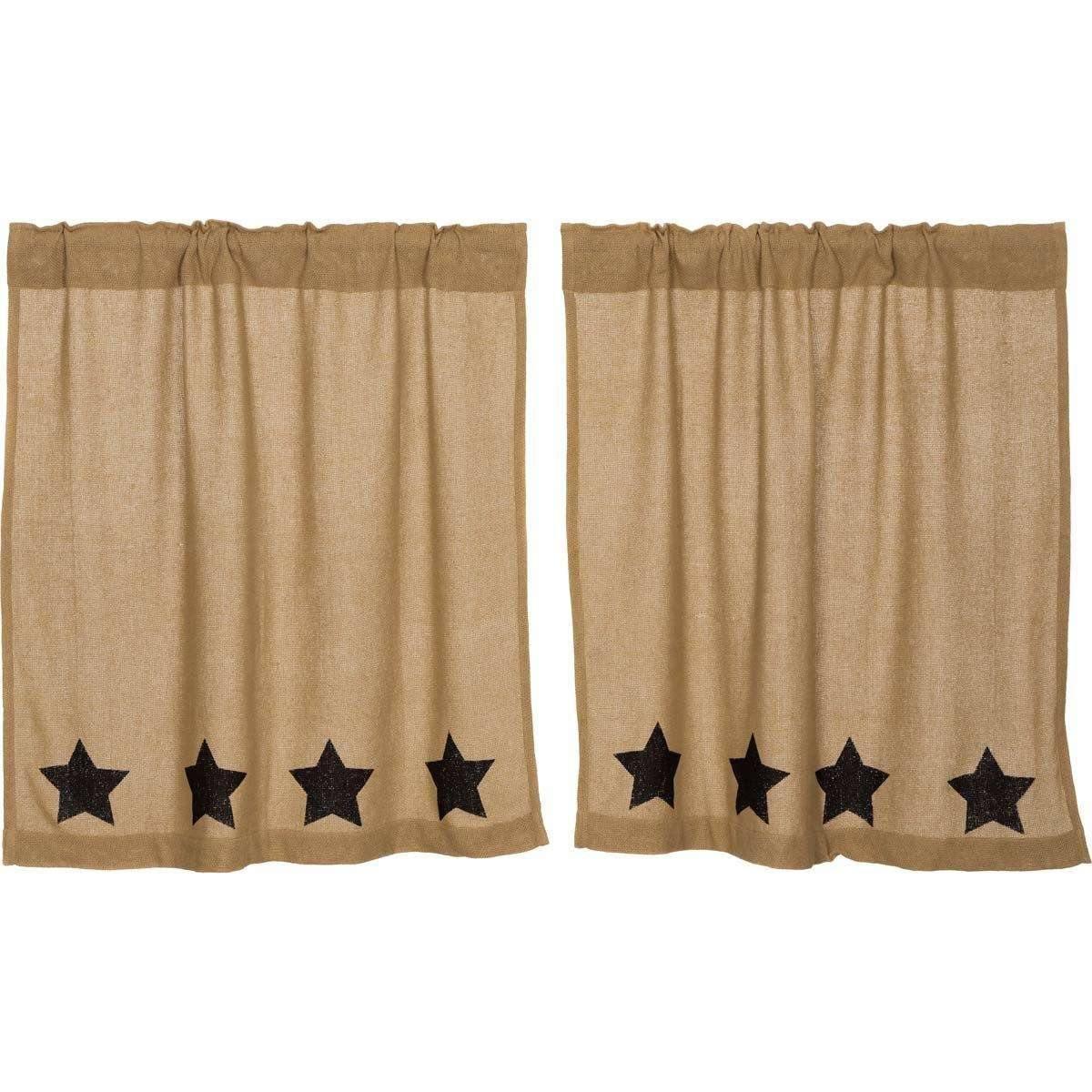 Burlap w/Black Stencil Stars Tier Curtain Set of 2 L36xW36 - The Fox Decor