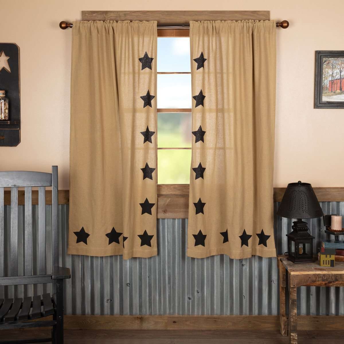 Burlap w/Black Stencil Stars Short Panel Country Curtain Set of 2 36