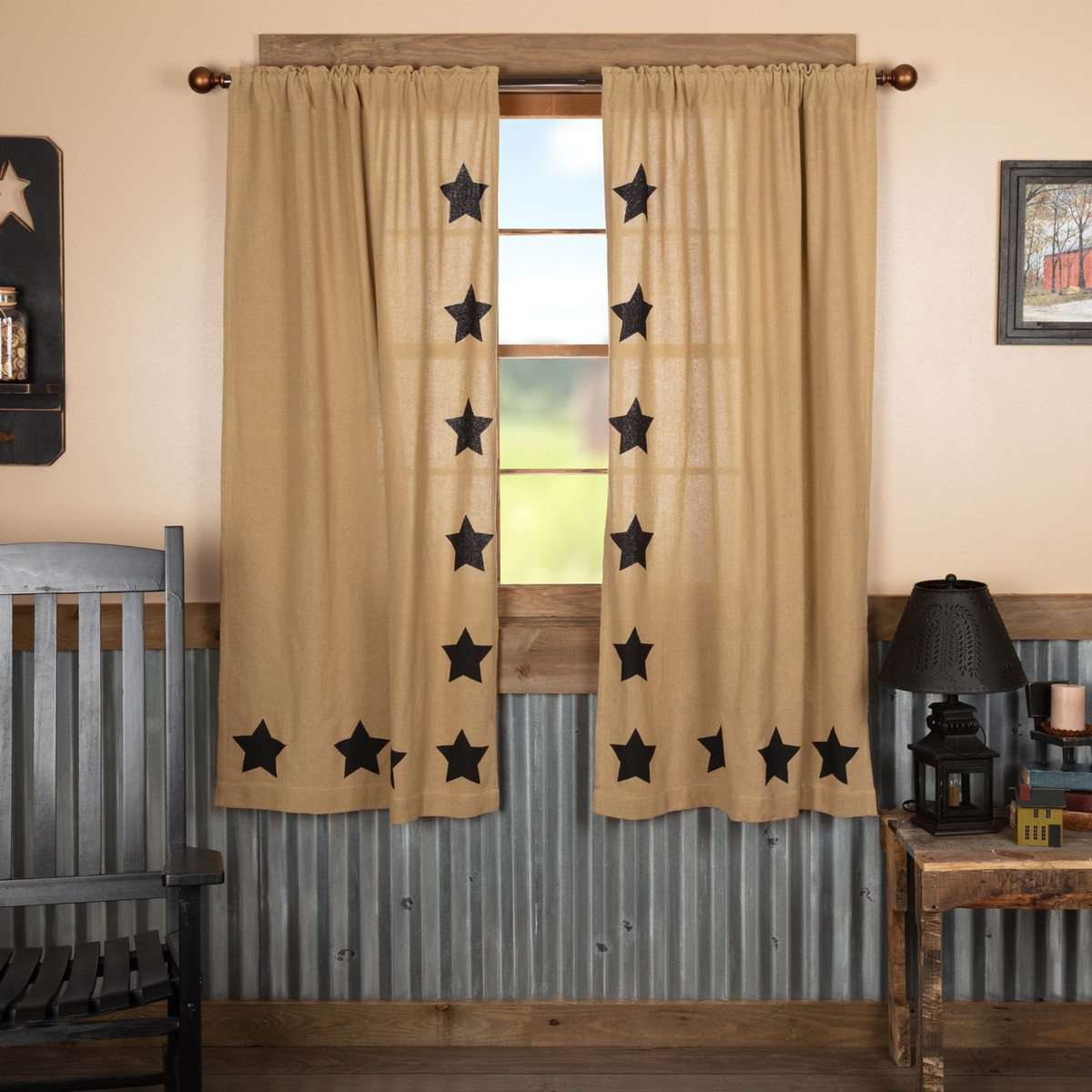 Burlap w/Black Stencil Stars Short Panel Country Curtain Set of 2 36"x63" - The Fox Decor