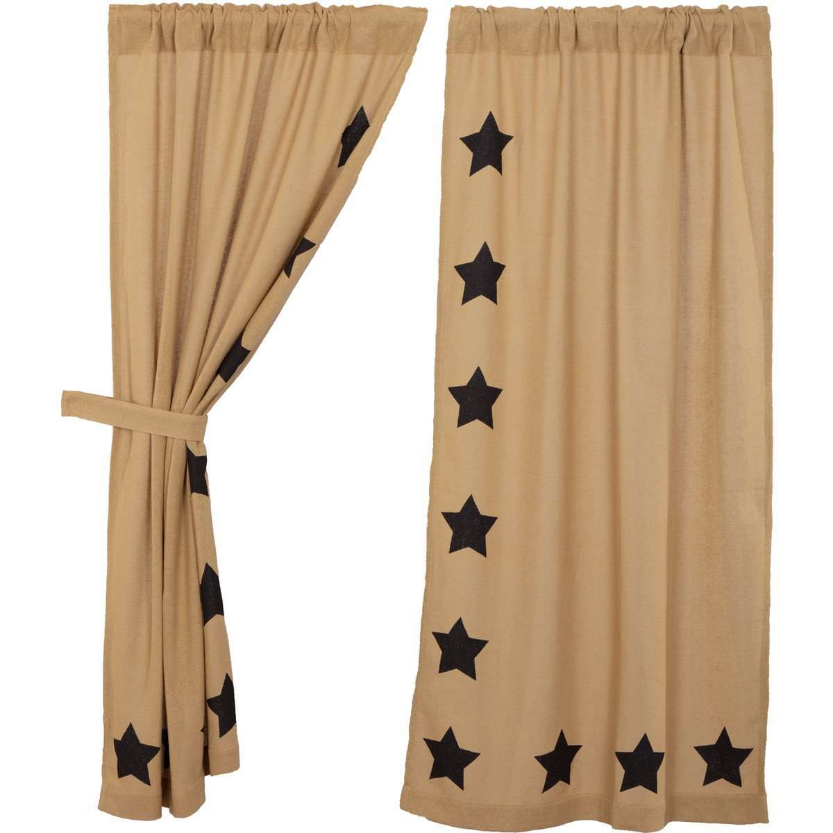 Burlap w/Black Stencil Stars Short Panel Country Curtain Set of 2 36"x63" - The Fox Decor