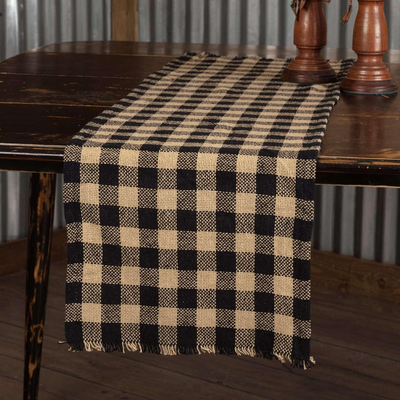 Burlap Black Check Runner Fringed 13x36 VHC Brands - The Fox Decor