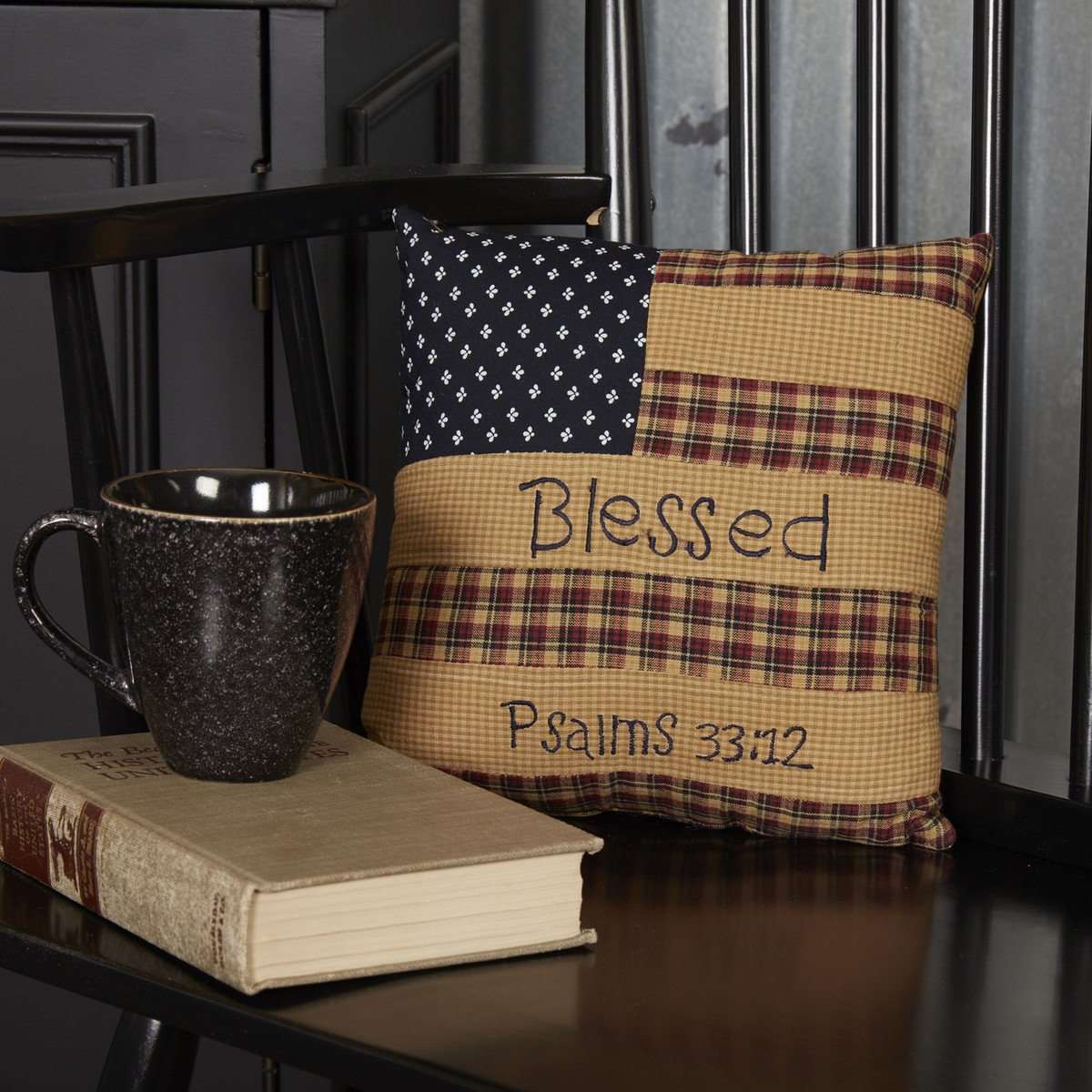 Patriotic Patch Pillow Blessed 10"x10" Deep Red, Khaki, Navy VHC Brands - The Fox Decor