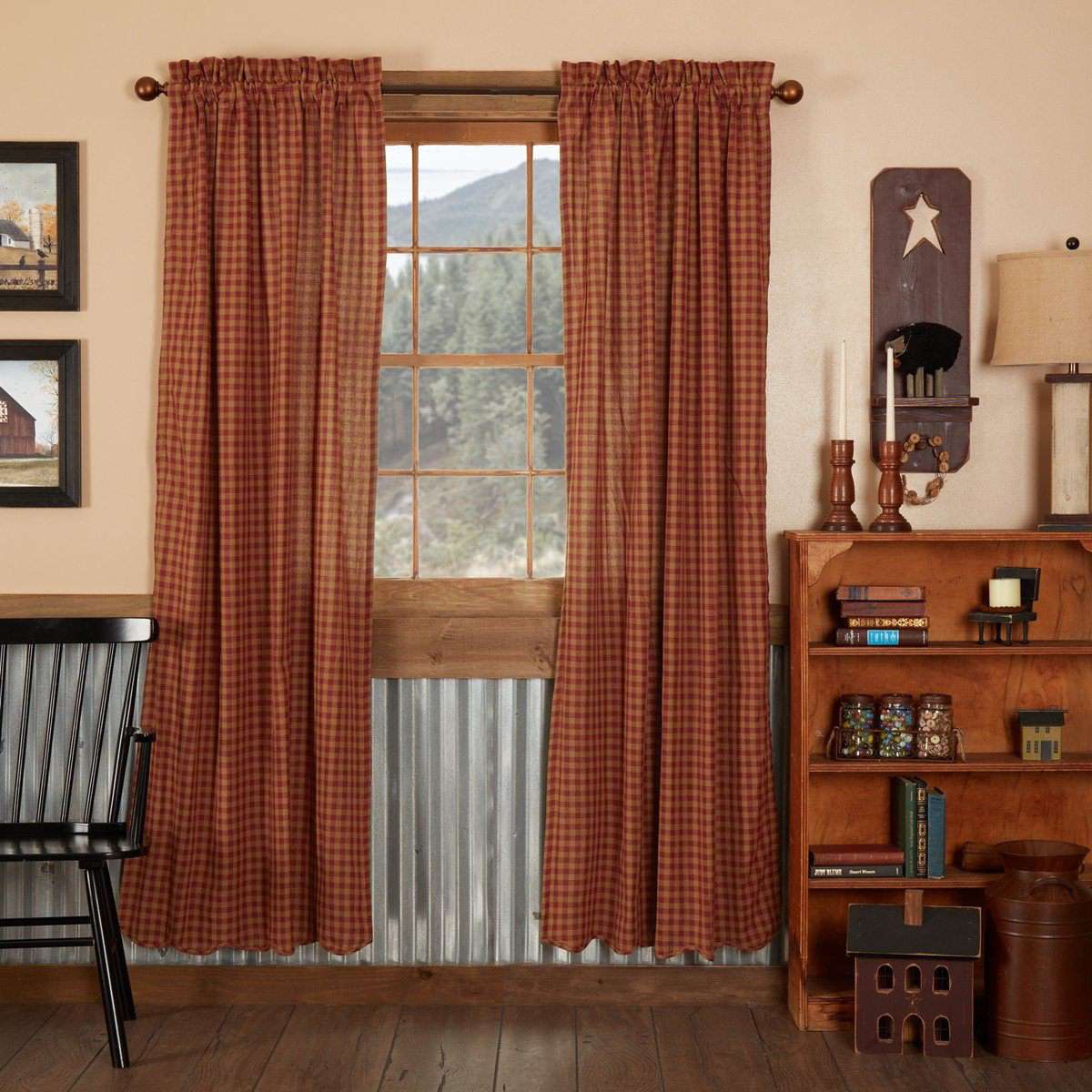 Burgundy Check Scalloped Panel Country Curtain Set of 2 84