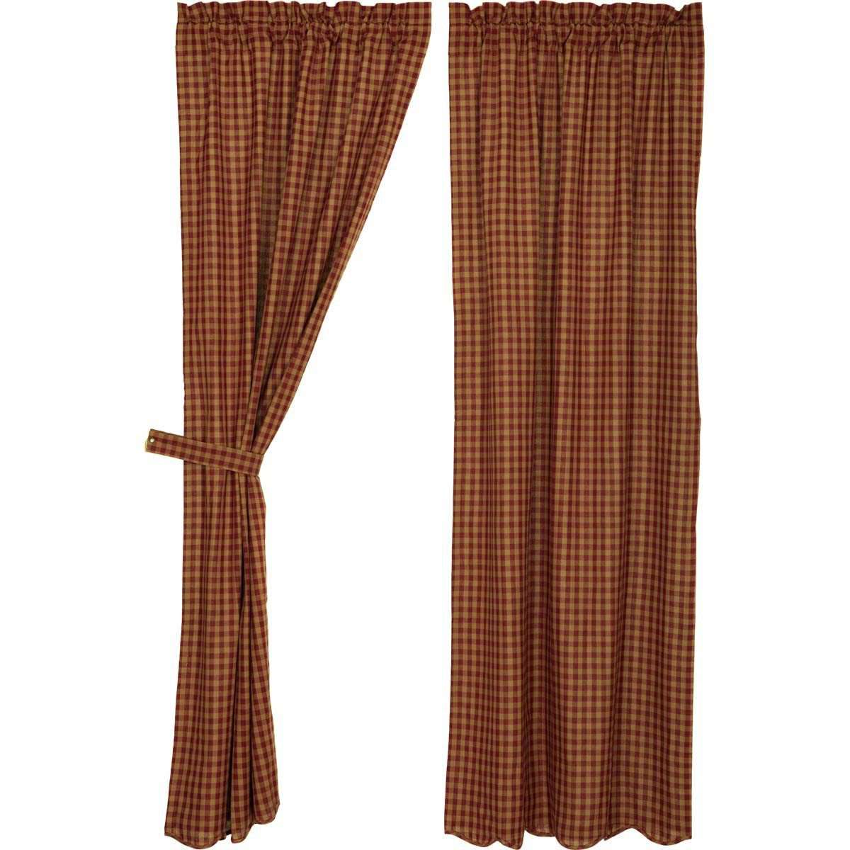 Burgundy Check Scalloped Panel Country Curtain Set of 2 84"x40" - The Fox Decor