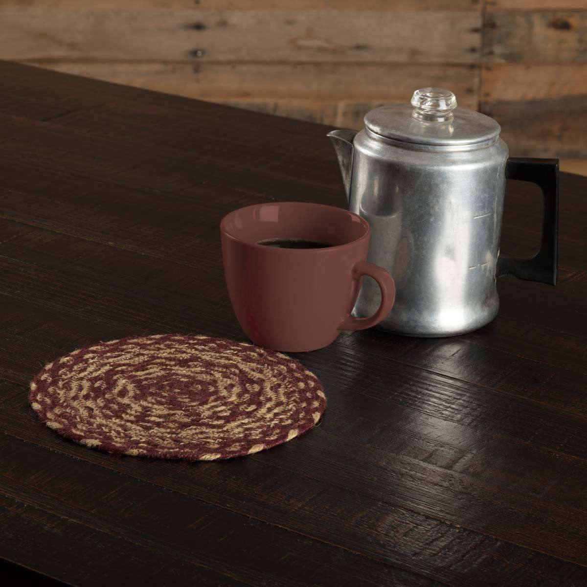 Burgundy Tan Braided Jute Trivet 8" VHC Brands - The Fox Decor