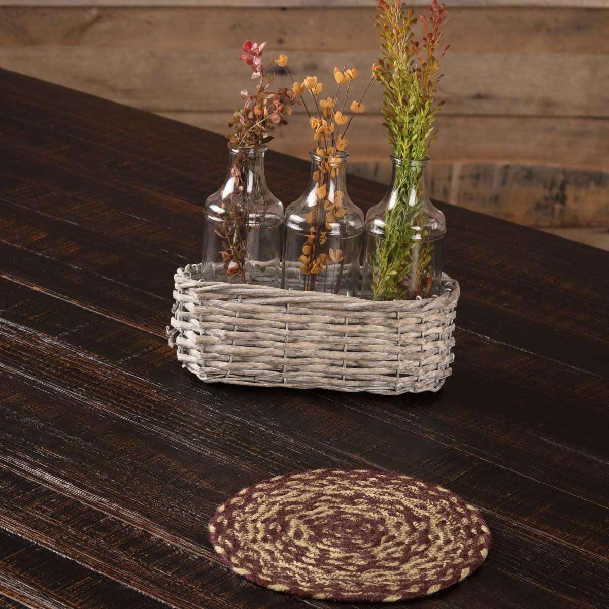 Burgundy Tan Braided Jute Trivet 8" VHC Brands