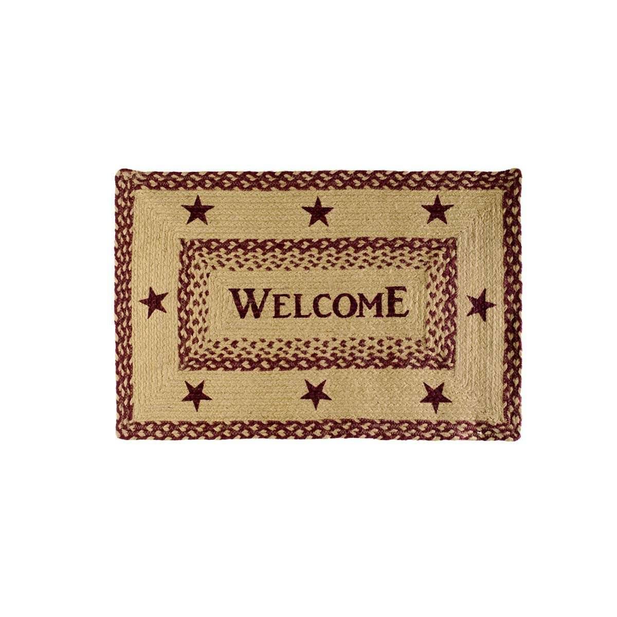 Burgundy Tan Jute Braided Rug Rect Welcome 20"x30" VHC Brands - The Fox Decor