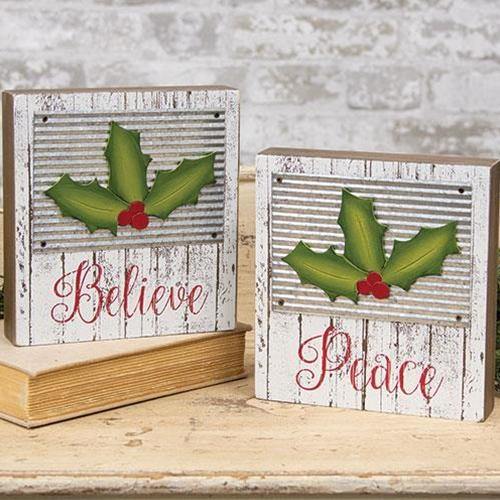 Holly Jolly Box Sign, 'Peace' 'Believe' Set of 2 Christmas Decor - The Fox Decor