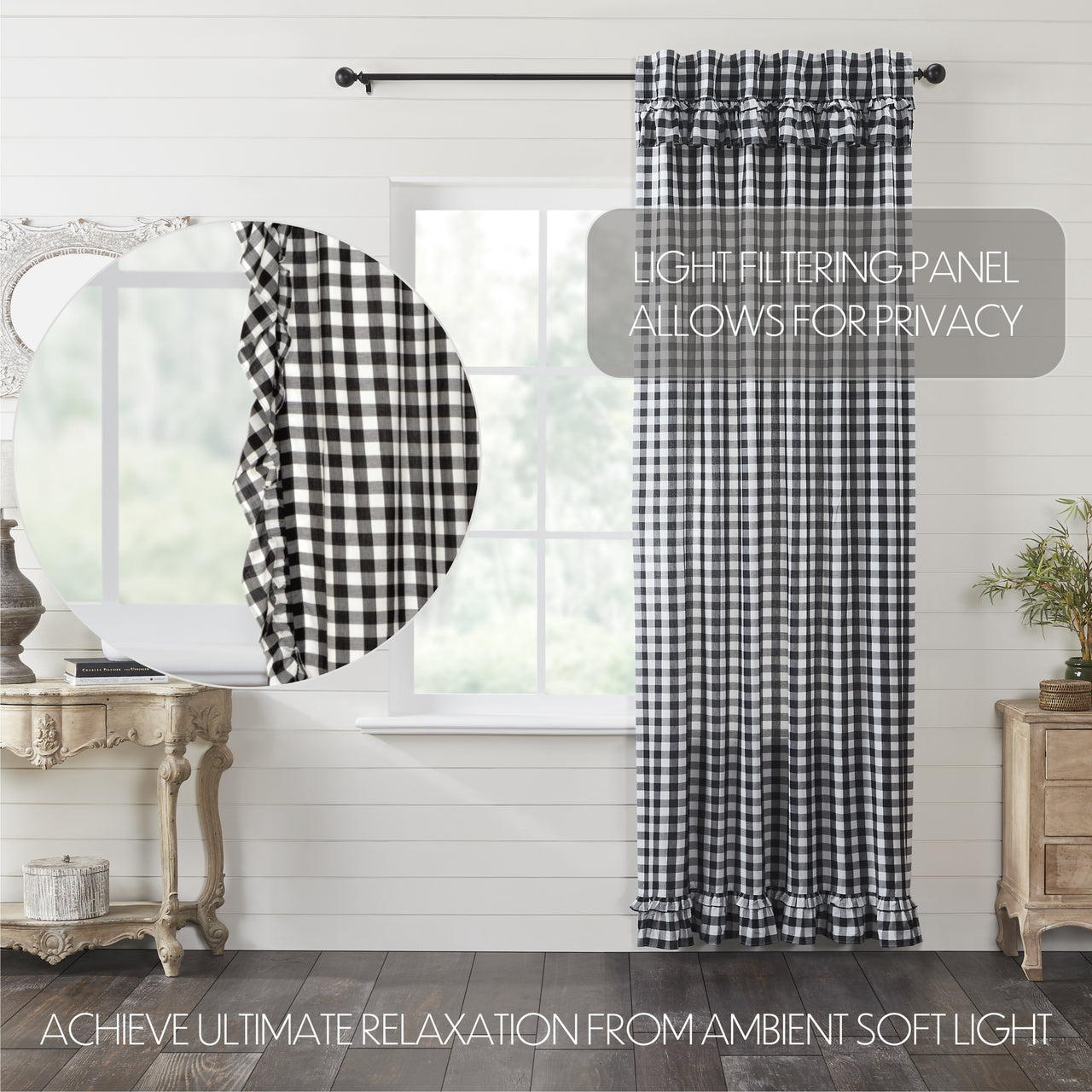 Annie Buffalo Black Check Ruffled Panel Curtain 96"x50" VHC Brands