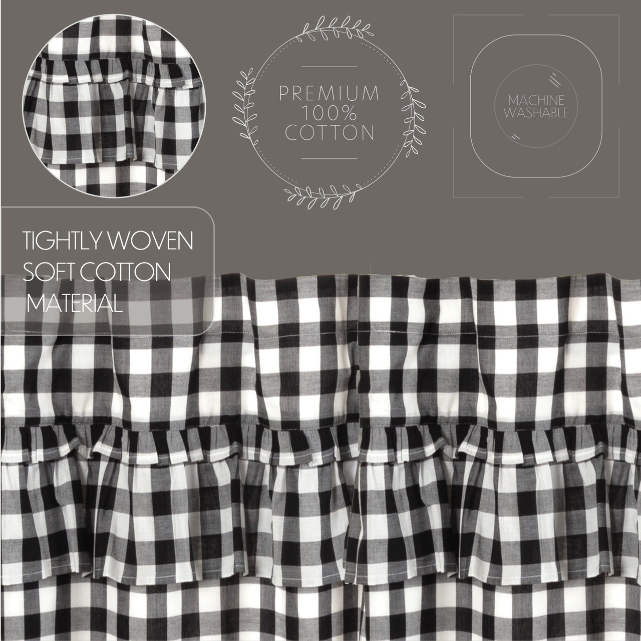 Annie Buffalo Black Check Ruffled Panel Curtain 96"x50" VHC Brands - The Fox Decor