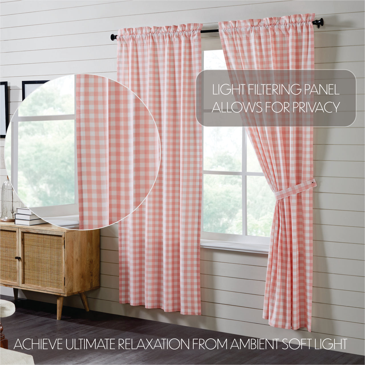 Annie Buffalo Coral Check Short Panel Curtain Set of 2 84"x40" VHC Brands