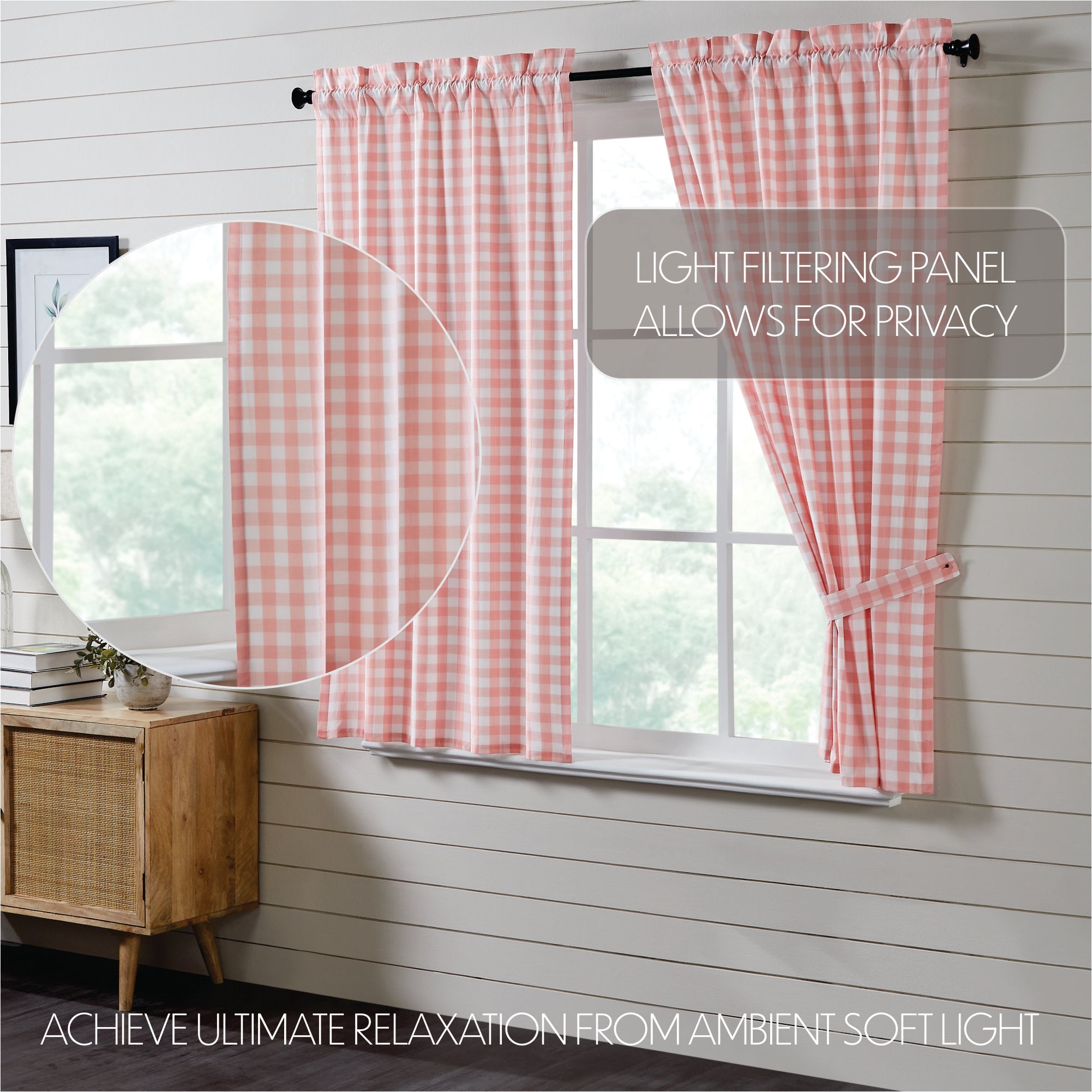 Annie Buffalo Coral Check Short Panel Curtain Set of 2 63