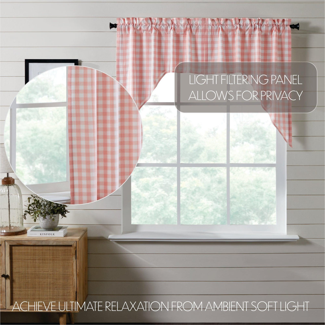 Annie Buffalo Coral Check Swag Curtain Set of 2 36x36x16 VHC Brands - The Fox Decor