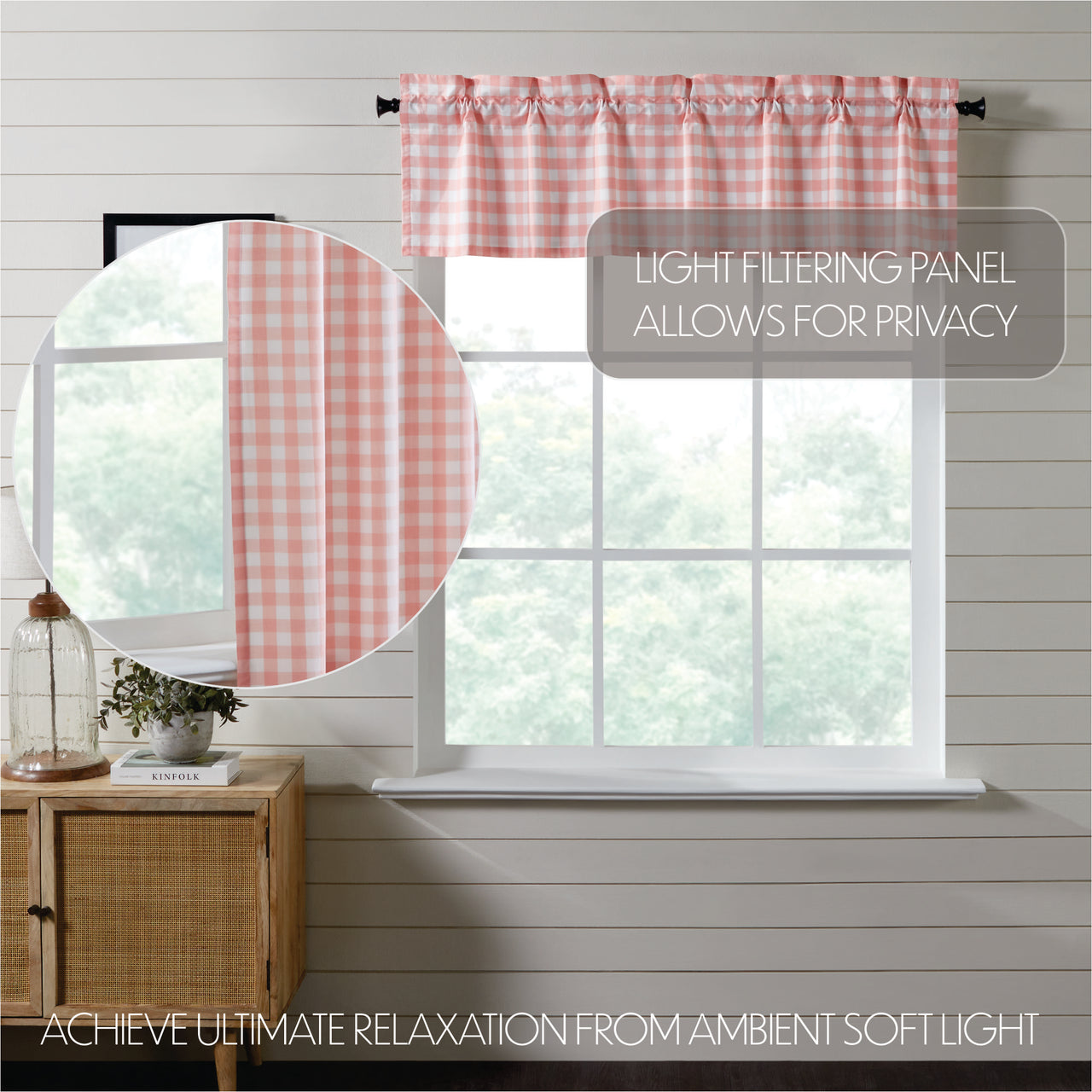 Annie Buffalo Coral Check Valance Curtain 16"x60" VHC Brands - The Fox Decor