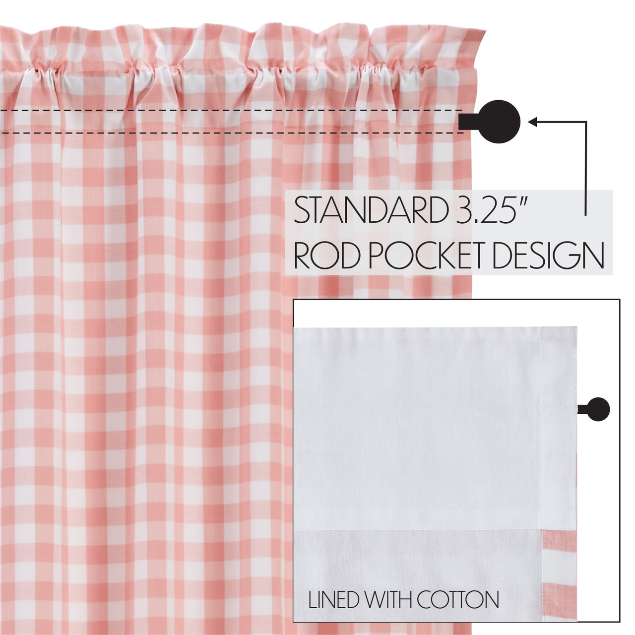 Annie Buffalo Coral Check Short Panel Curtain Set of 2 63"x36" VHC Brands