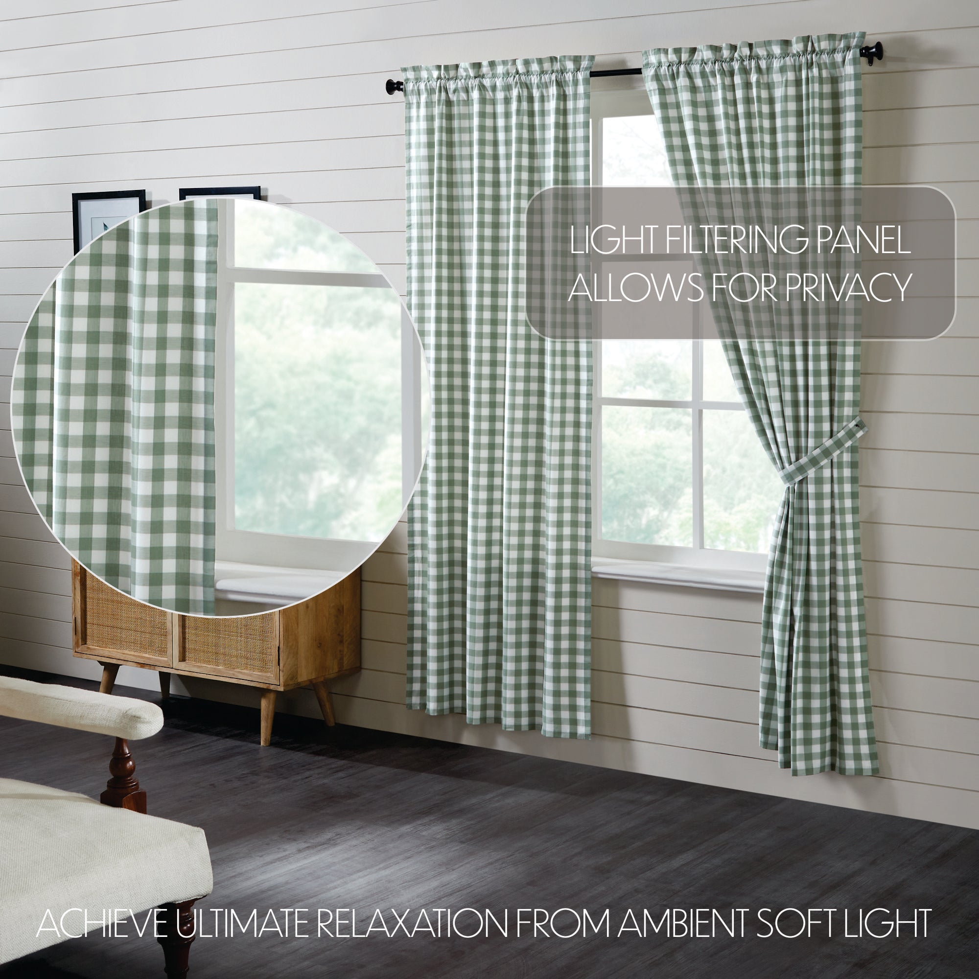 Annie Buffalo Green Check Short Panel Curtain Set of 2 84