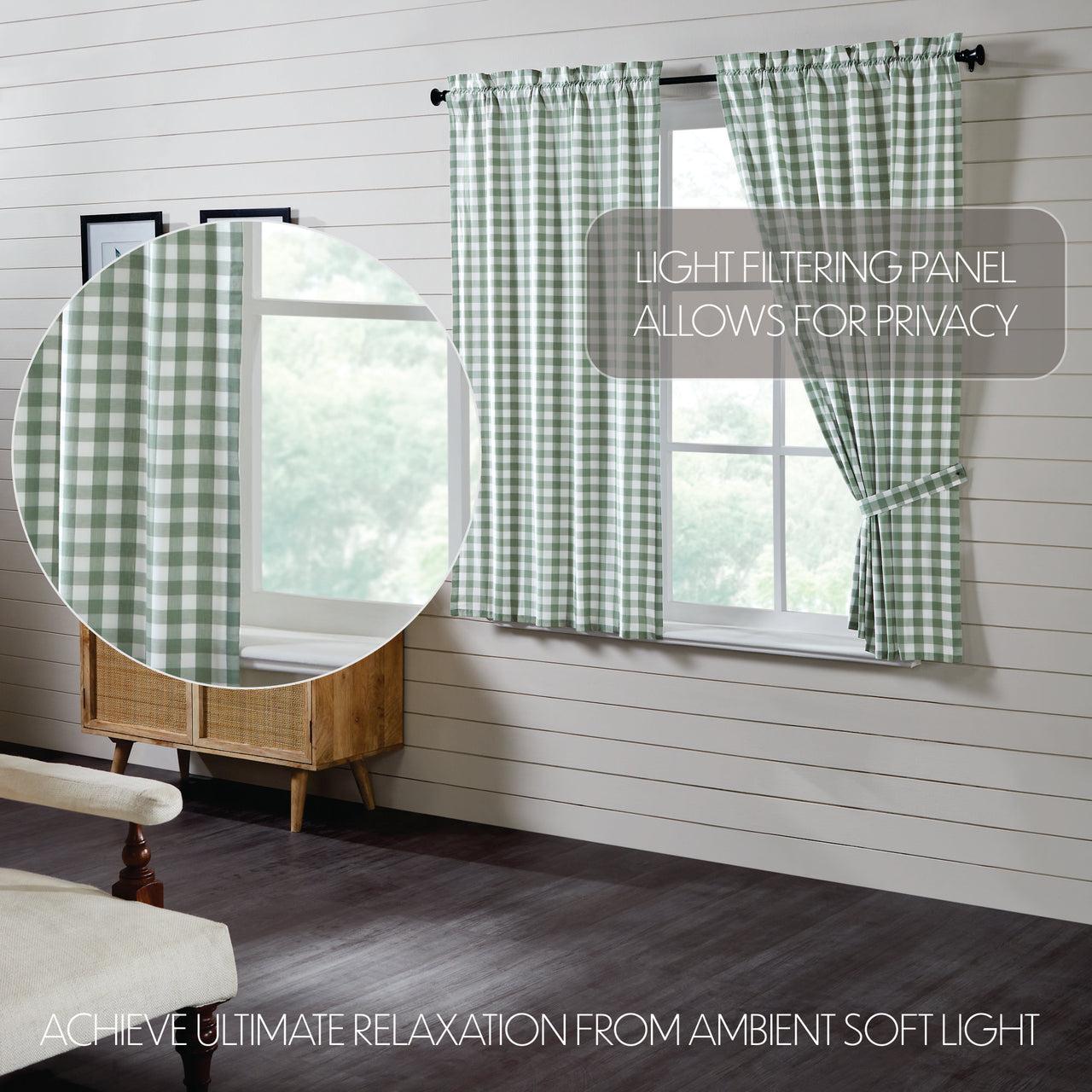 Annie Buffalo Green Check Short Panel Curtain Set of 2 63"x36" VHC Brands - The Fox Decor