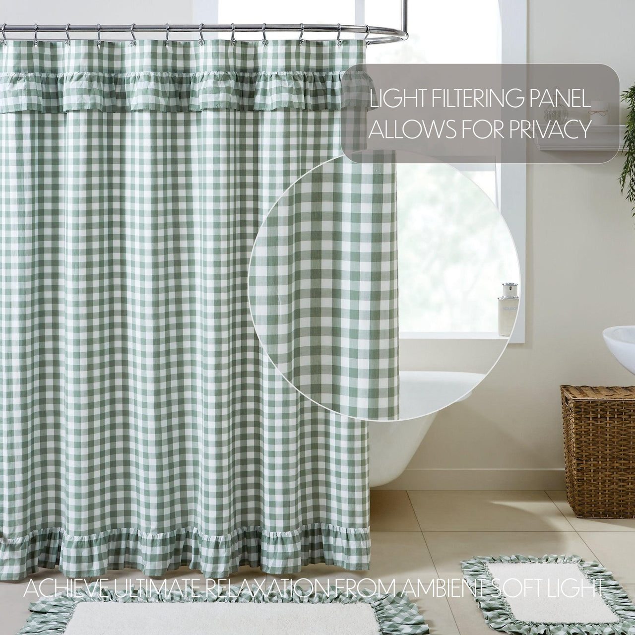 Annie Buffalo Green Check Ruffled Shower Curtain 72x72 VHC Brands