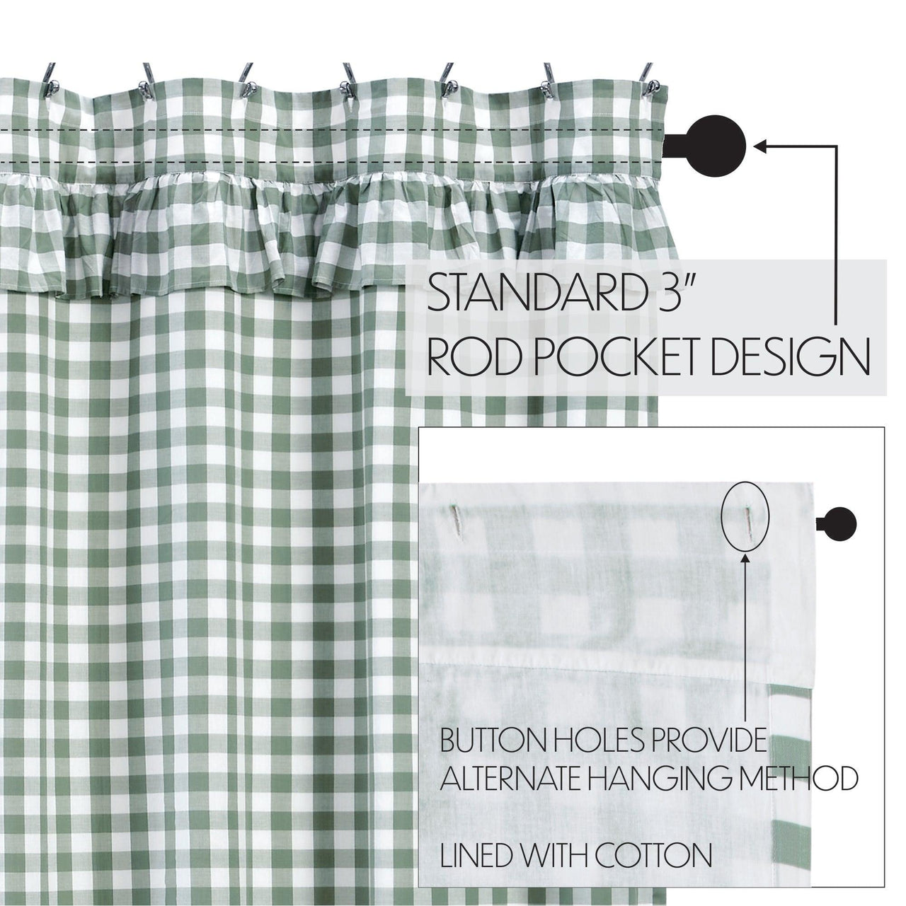 Annie Buffalo Green Check Ruffled Shower Curtain 72x72 VHC Brands