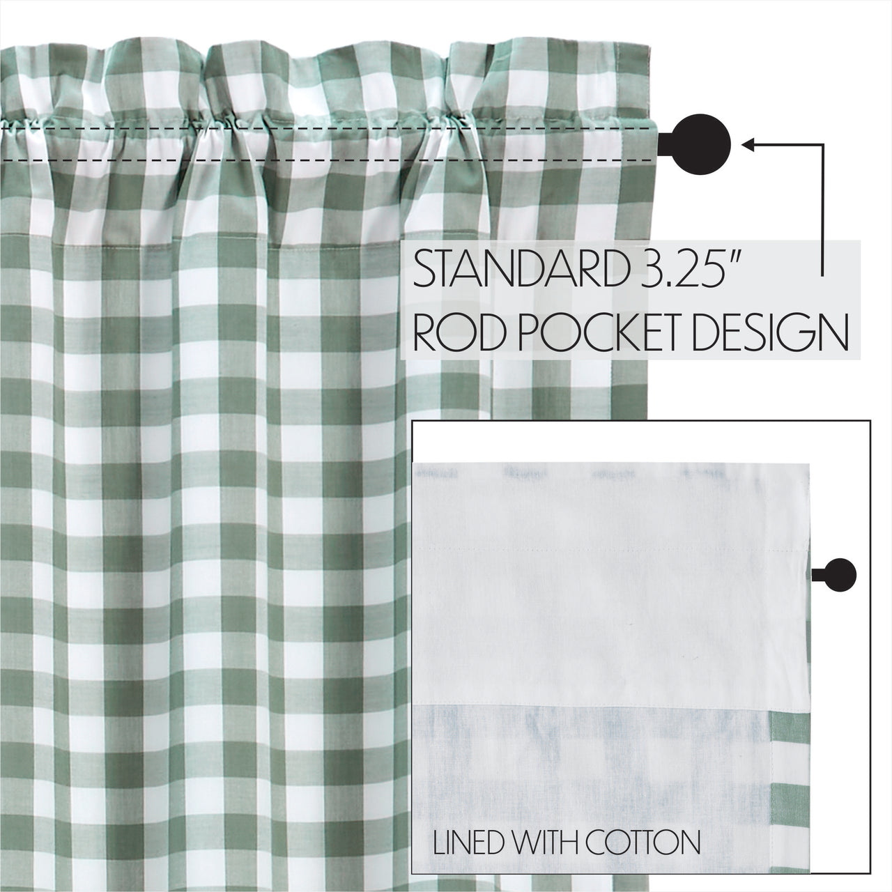 Annie Buffalo Green Check Short Panel Curtain Set of 2 63"x36" VHC Brands