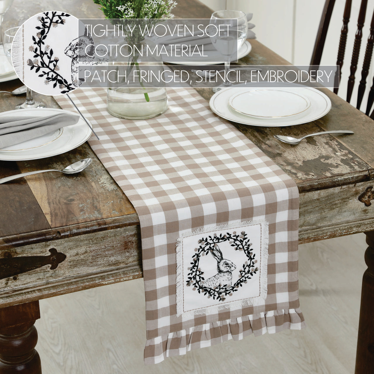 Annie Buffalo Portabella Check Vintage Hare Table Runner 12"x48" VHC Brands - The Fox Decor
