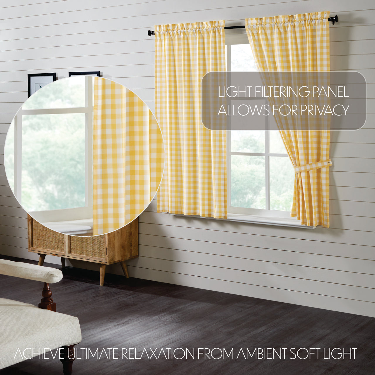 Annie Buffalo Yellow Check Short Panel Curtain Set of 2 63"x36" VHC Brands