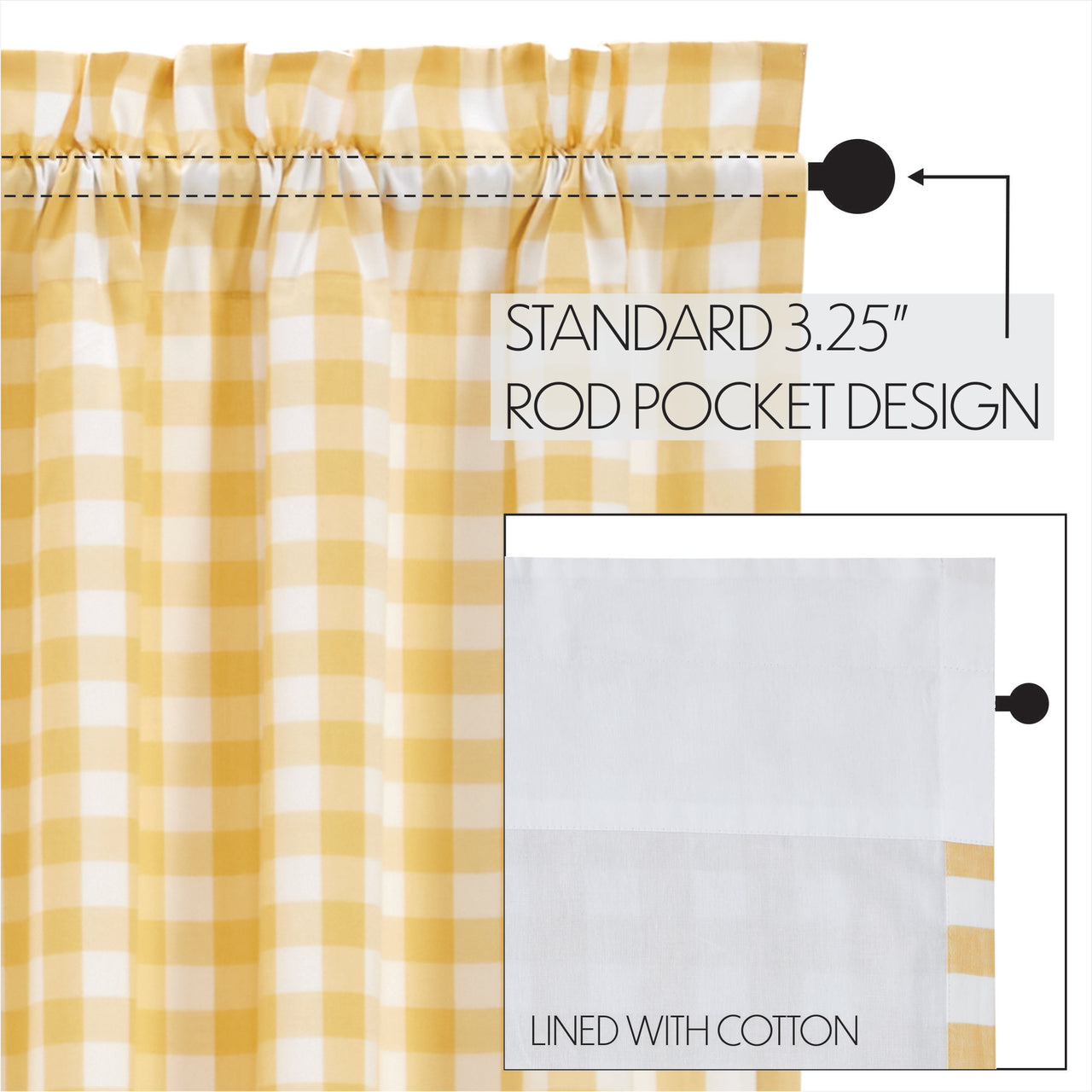 Annie Buffalo Yellow Check Short Panel Curtain Set of 2 63"x36" VHC Brands - The Fox Decor