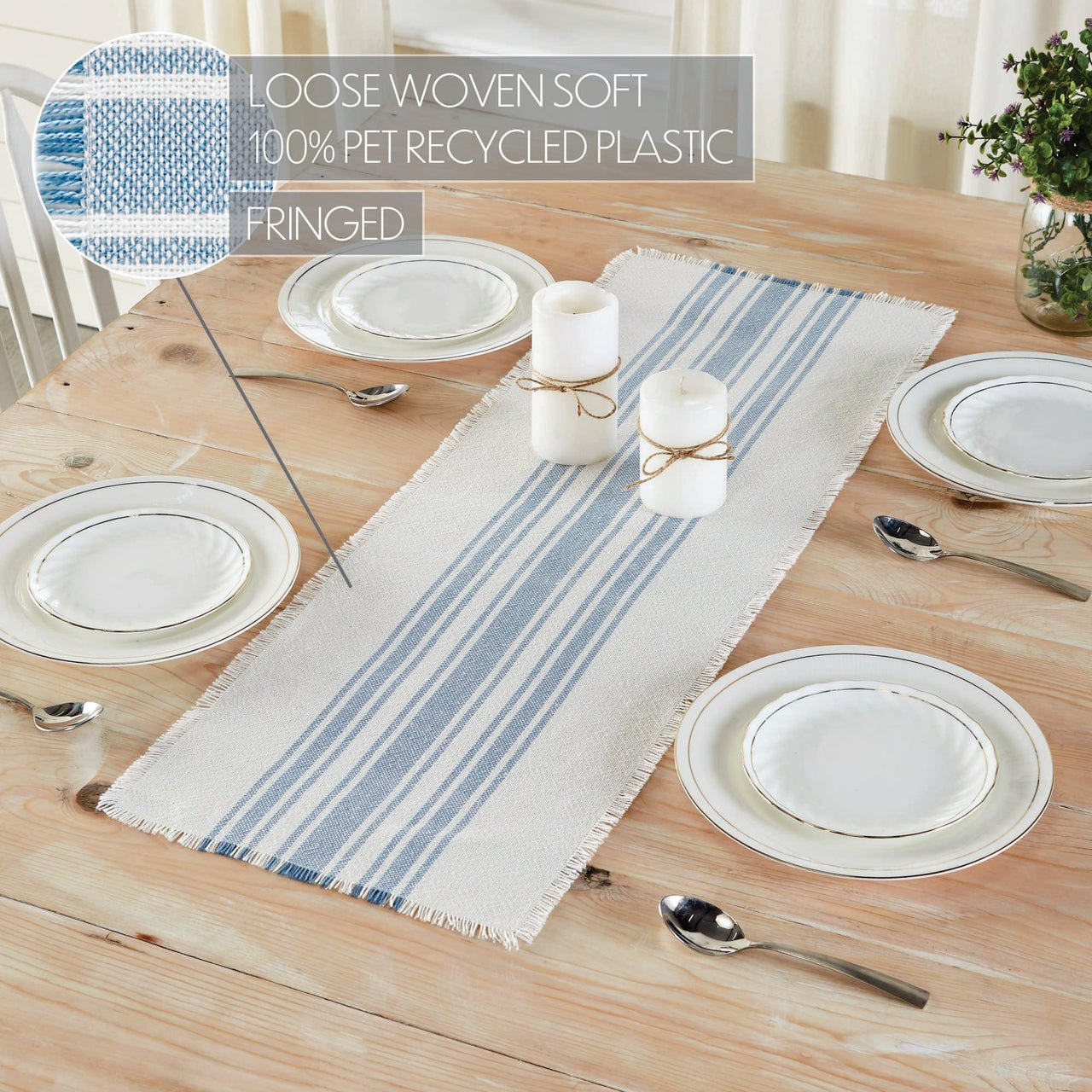 Antique White Stripe Blue Indoor/Outdoor Table Runner 12x36 VHC Brands VHC Brands - The Fox Decor