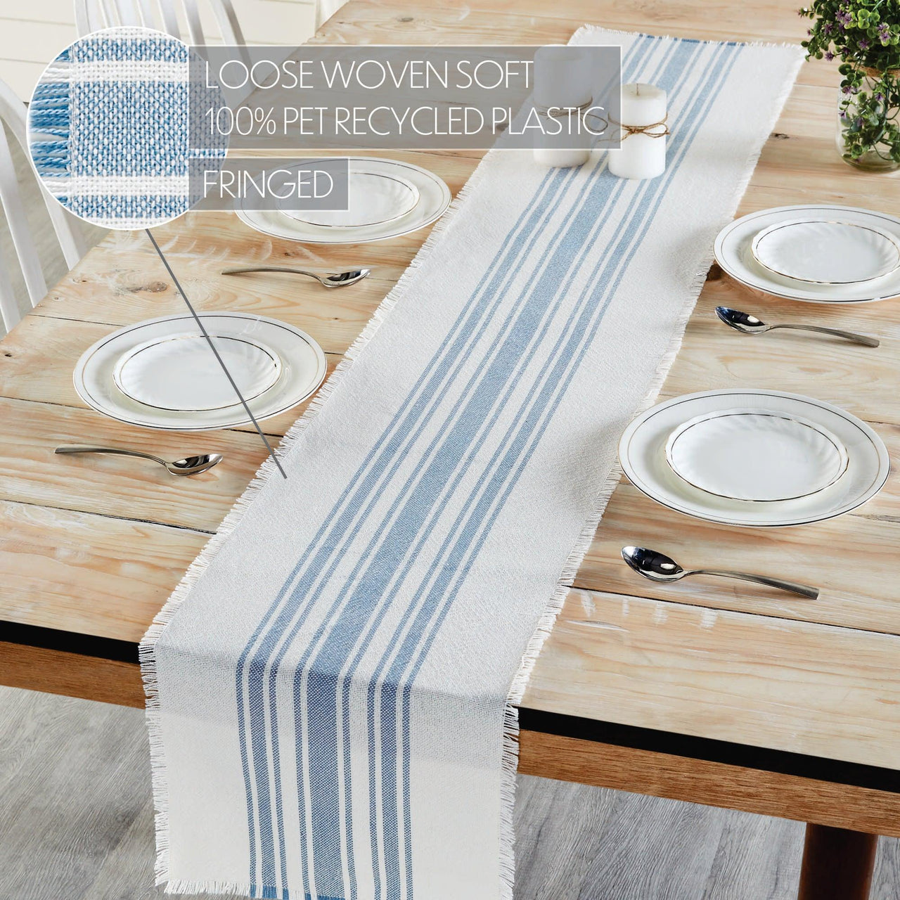 Antique White Stripe Blue Indoor/Outdoor Table Runner 12x72 VHC Brands VHC Brands - The Fox Decor