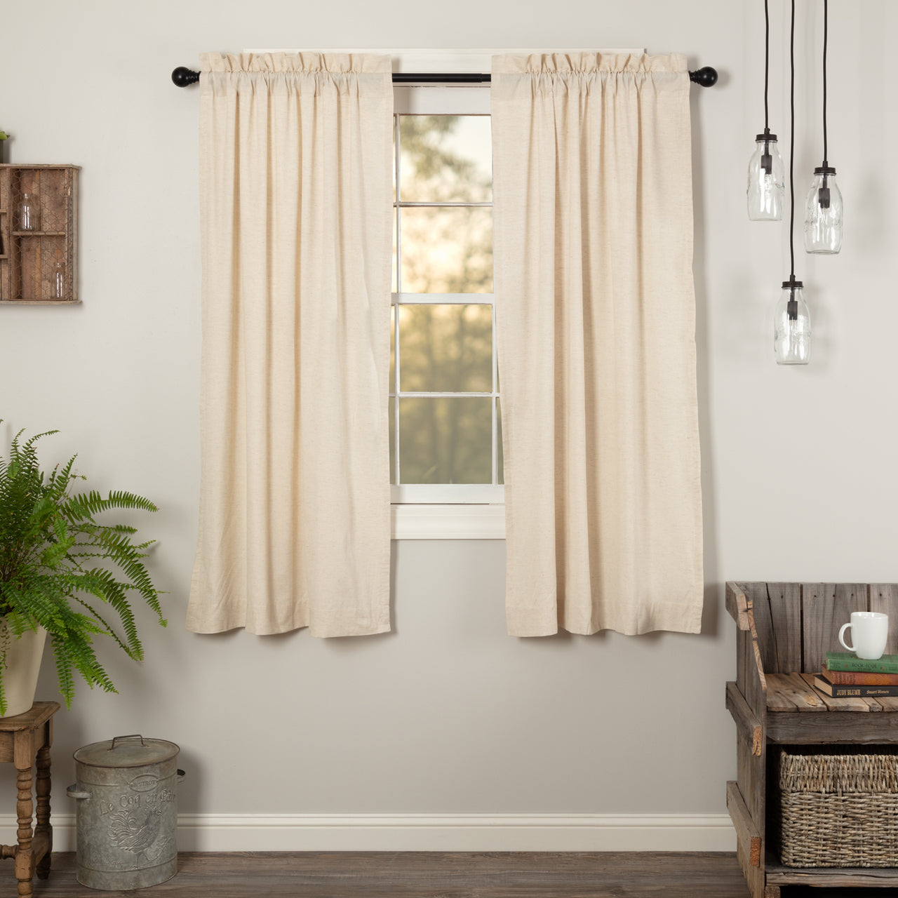 Simple Life Flax Natural Short Panel Country Style Curtain Set of 2 63"x36"