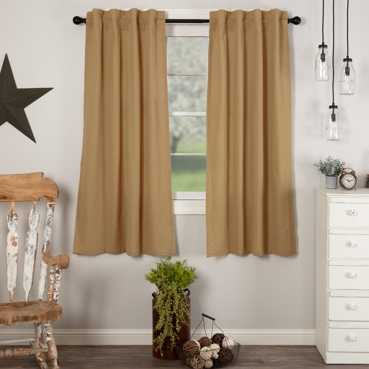 Simple Life Flax Khaki Short Panel Country Style Curtain Set of 2 63"x36"