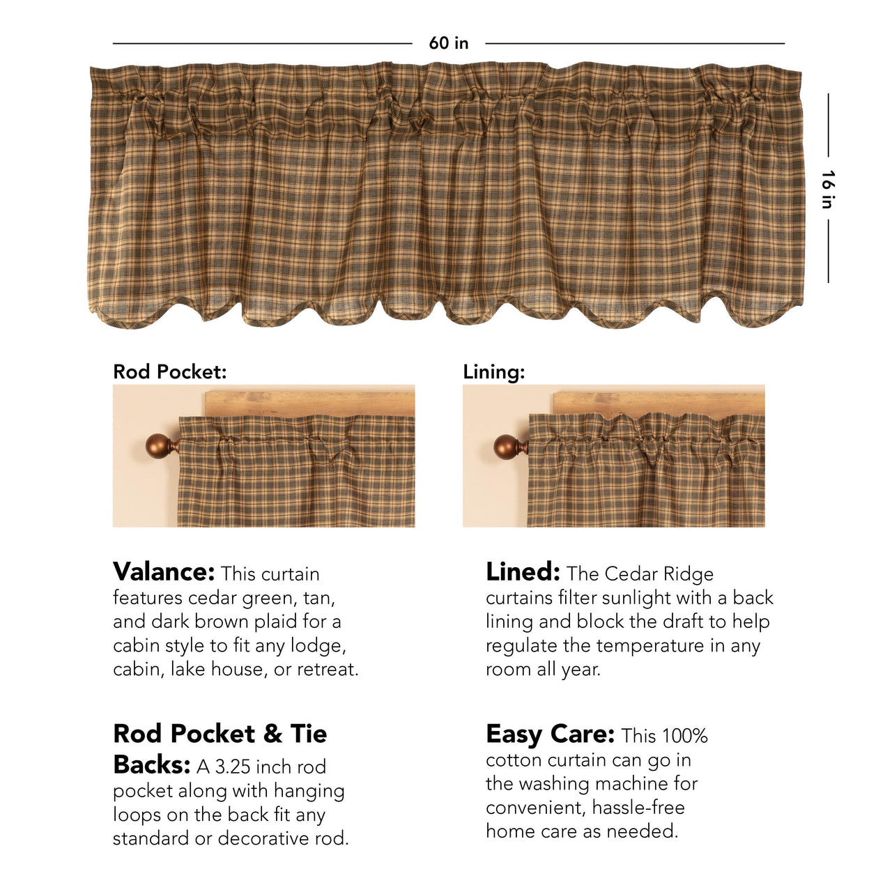 Cedar Ridge Valance Curtain Scalloped 16x60 VHC Brands